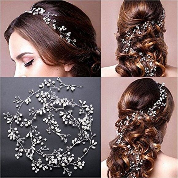 Bridal Hair Bands Crystals Wedding Headpieces, 20 Inches Pearl and Crystal Vine - Picture 1 of 9